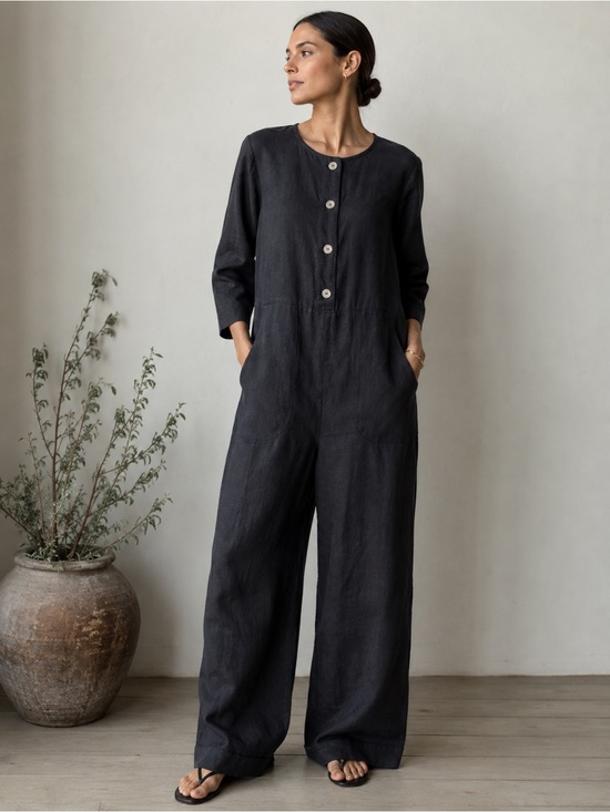 Gillian Stevens Pants - Gillian Stevens $495 Black Linen Jumpsuit Sz 2